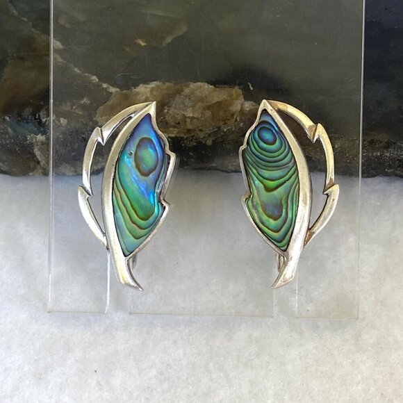 VTG Sterling Silver 925 Dainty Abalone Inlay Foliage Leaf Screwback Earrings - Picture 1 of 16